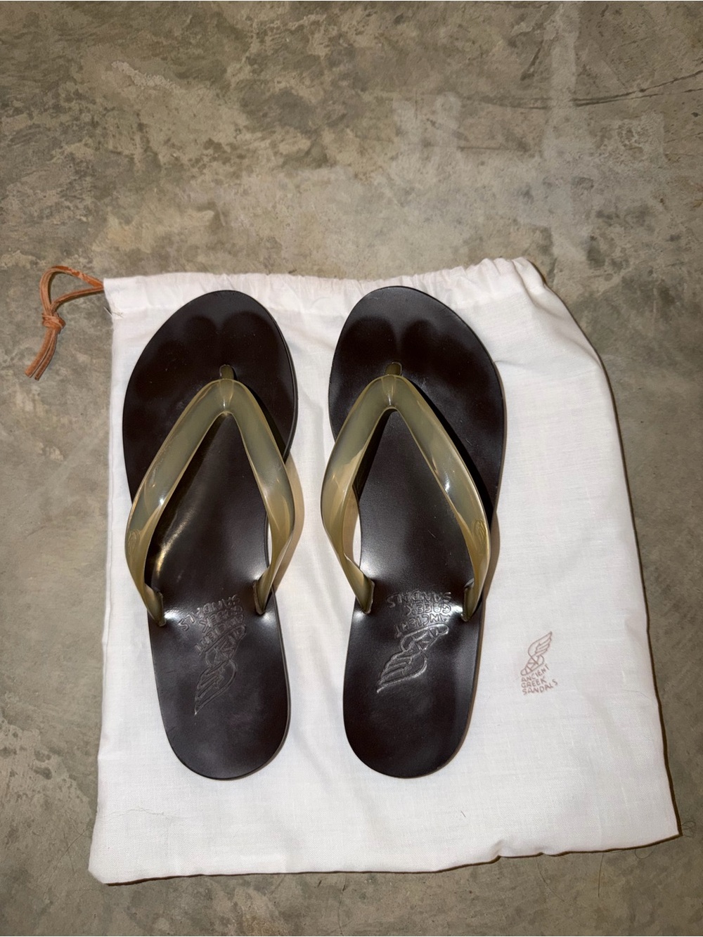Ancient Greek Sandals Black Footbed with Beige Translucent Straps